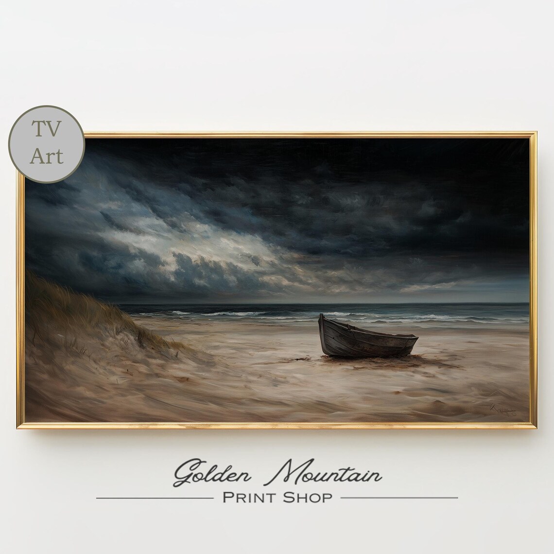 Lone Wooden Boat on Stormy Beach Dark Moody Coastal Scene Poster