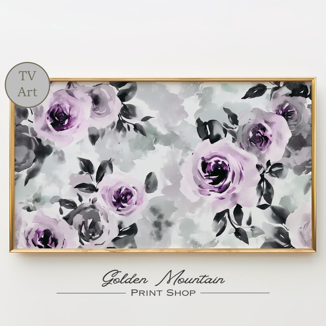 Purple Gray Rose Watercolor Floral Pattern Frame TV Art Print