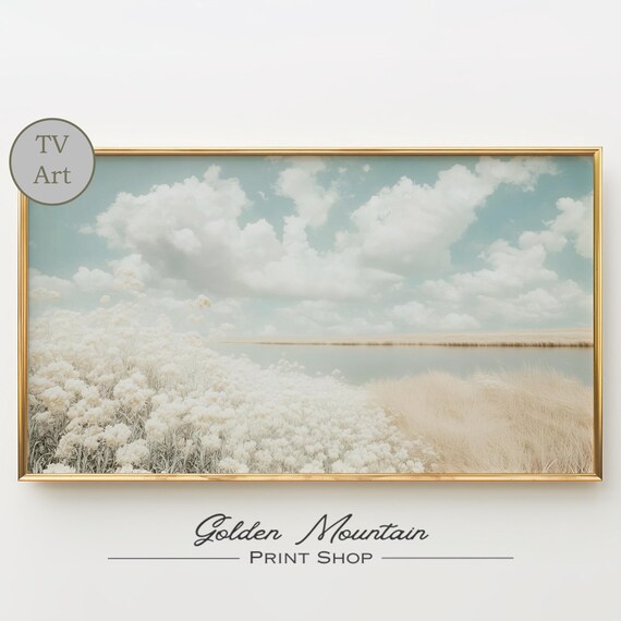 White Wildflower Field Lakeside Cloudy Sky Neutral Landscape Poster
