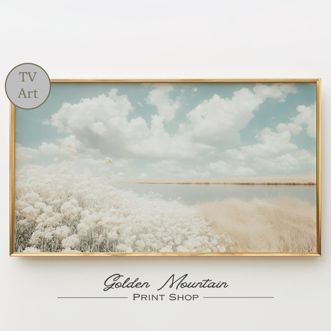 White Wildflower Field Lakeside Cloudy Sky Neutral Landscape Poster