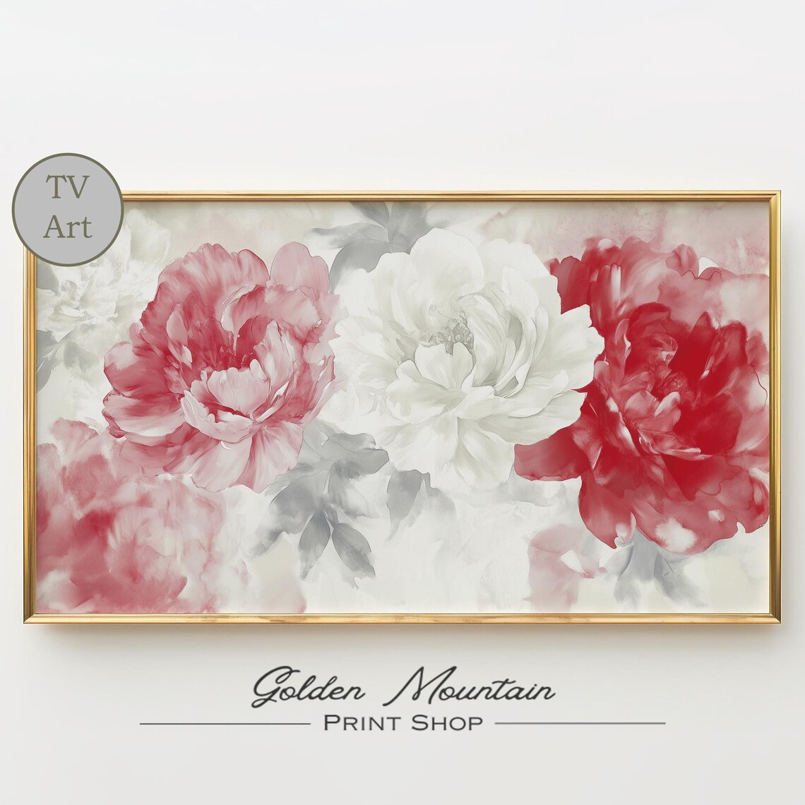 Abstract Red Pink and White Peonies Bold Watercolor Bloom Poster