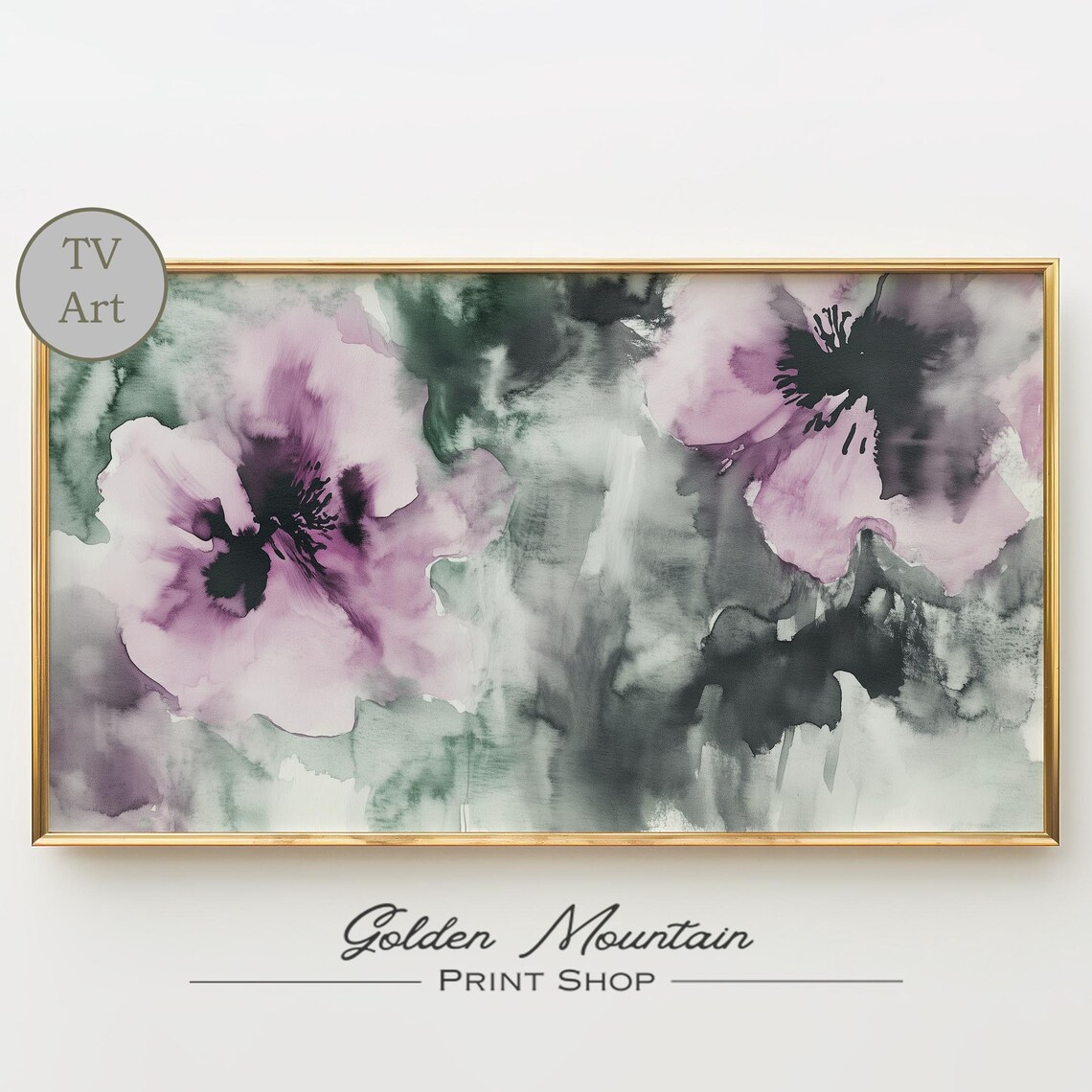 Abstract Purple Poppy Watercolor Blooms Moody Frame TV Art Print