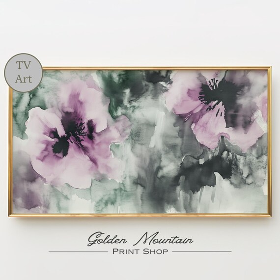 Abstract Purple Poppy Watercolor Blooms Moody Frame TV Art Print