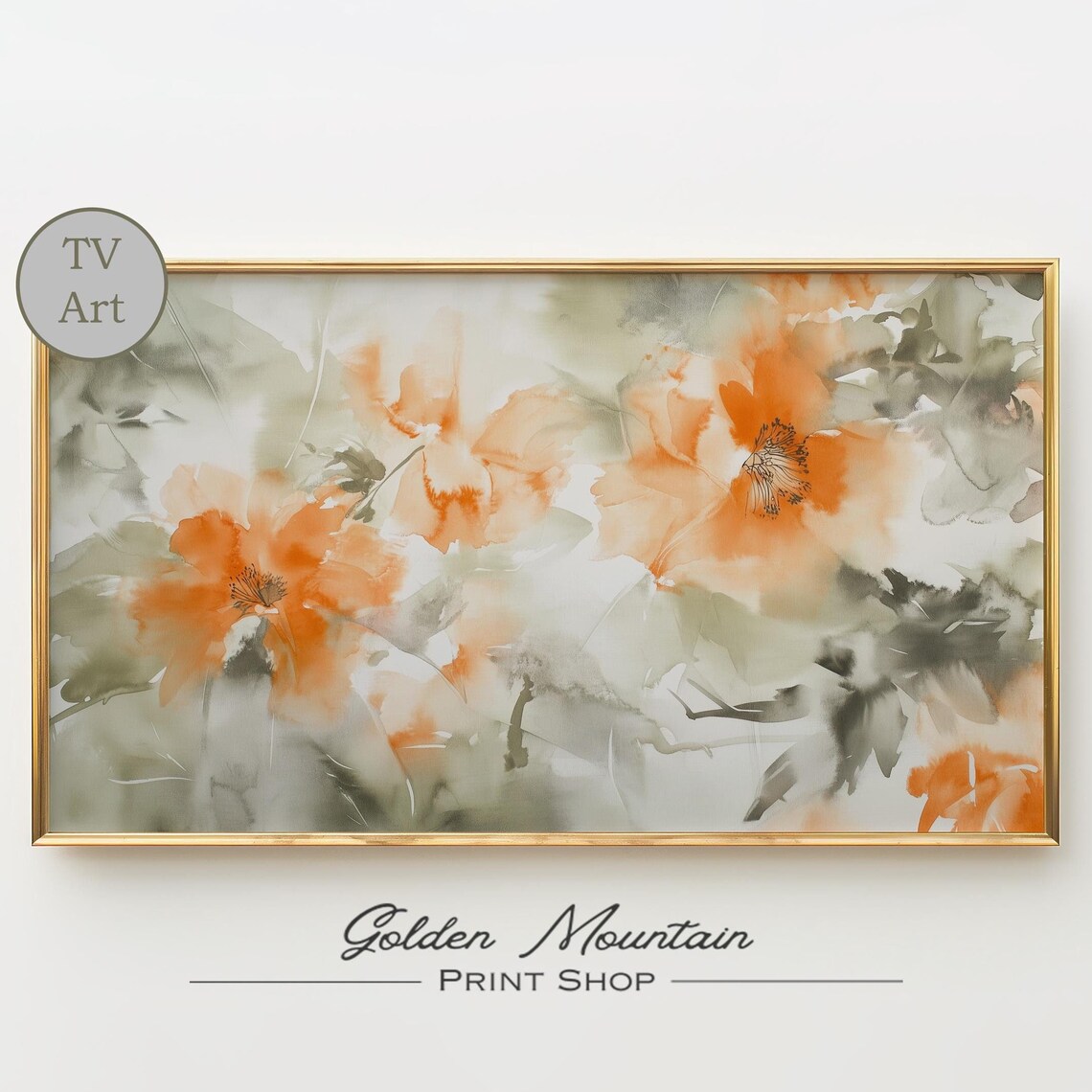 Abstract Orange Poppies Watercolor with Sage Gray Brushstrokes Poster