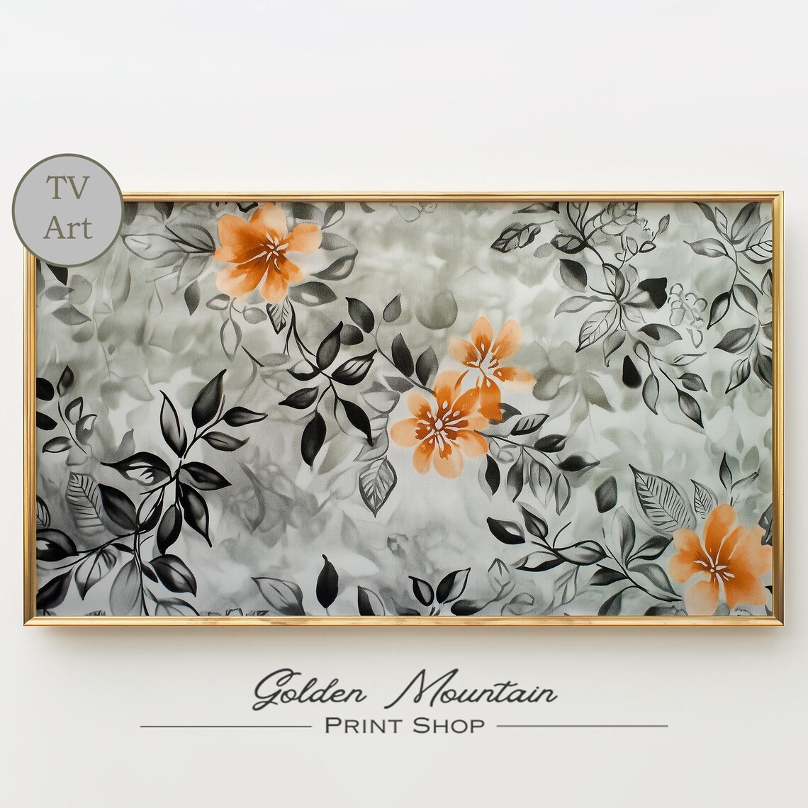 Orange Blossom Floral Black Leaf Chinoiserie Frame TV Art Print