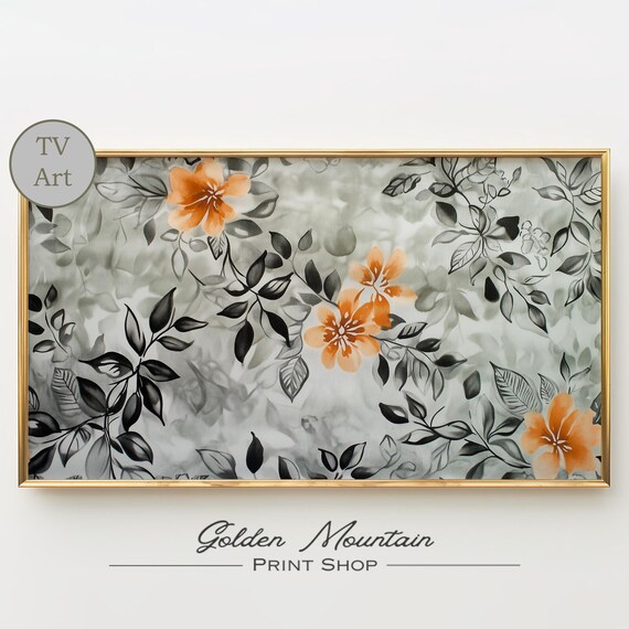 Orange Blossom Floral Black Leaf Chinoiserie Frame TV Art Print