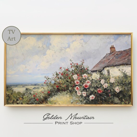 Country Cottage Red White Rose Bush Vintage Frame TV Art Print