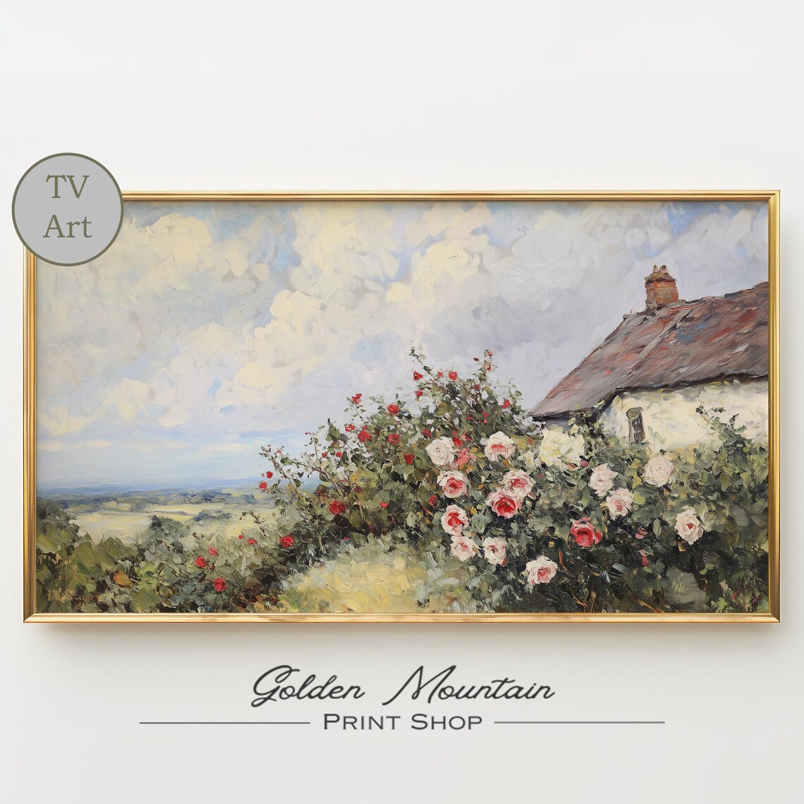 Country Cottage Red White Rose Bush Vintage Frame TV Art Print