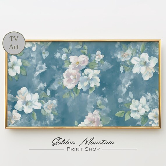 White and Pink Blossoms on Teal Blue Textured Floral Art Poster