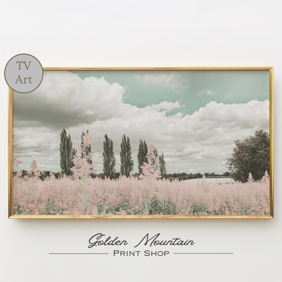 Pink Wildflower Field With Tall Poplar Trees Cloudy Sky Pastel Poster Art