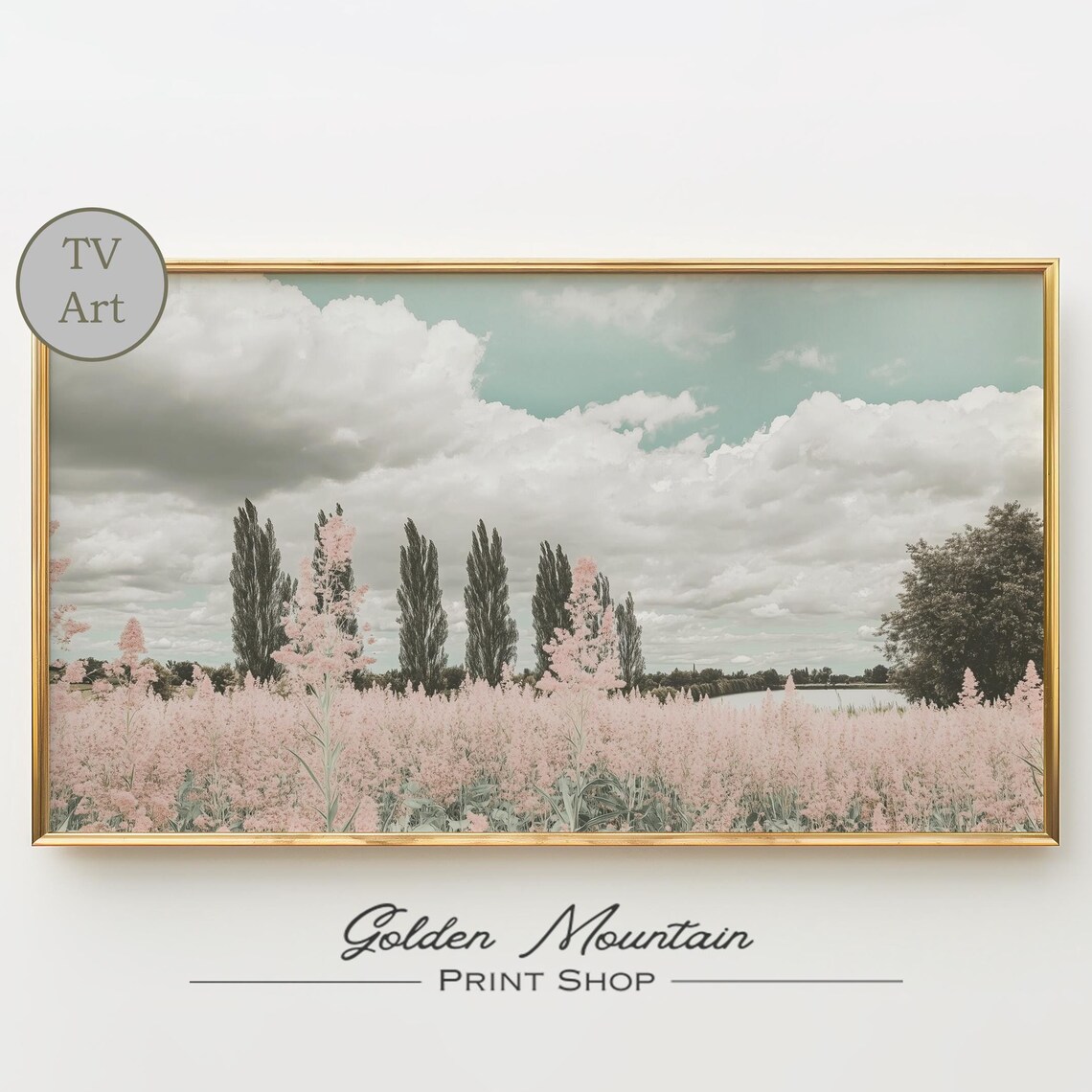Pink Wildflower Field With Tall Poplar Trees Cloudy Sky Pastel Poster Art