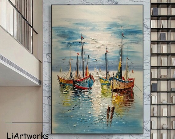 Impressionist Harbor Scene with Colorful Sailboats and Seagulls Art Poster