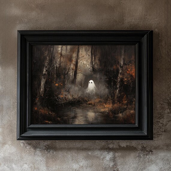Cute Halloween Ghost Print Fall Art Forest Painting Ghost Halloween Home Decor Cute Ghost Wall Art Halloween Print Vintage Autumn Decor