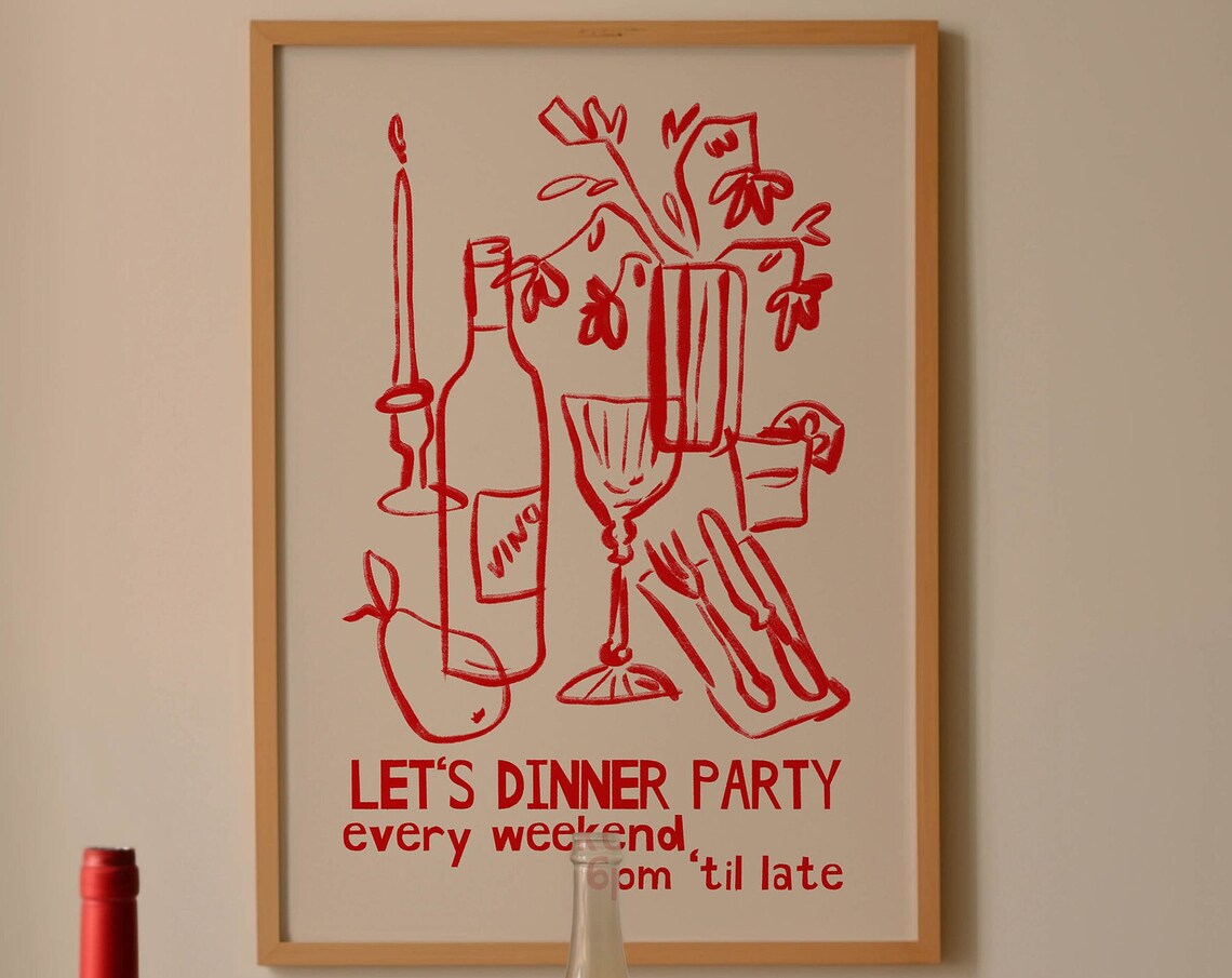Let's Dinner Party Red Line Art Wine Scene Kitchen Wall Poster