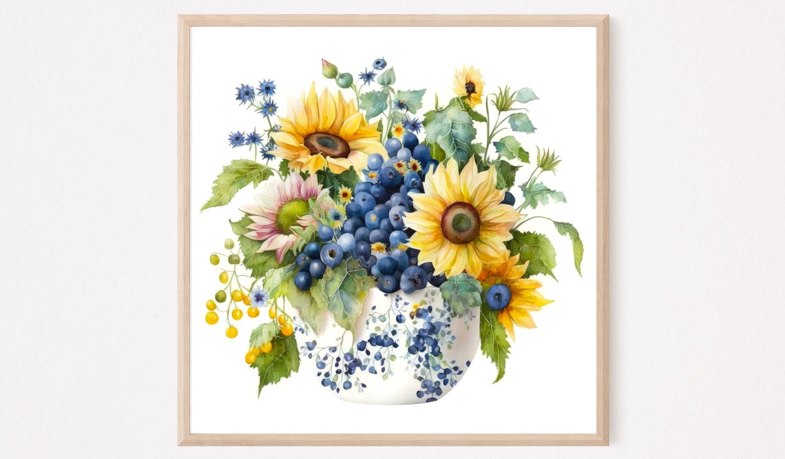 Sunflower Blueberry Bouquet Watercolor Floral Wall Art Summer Kitchen