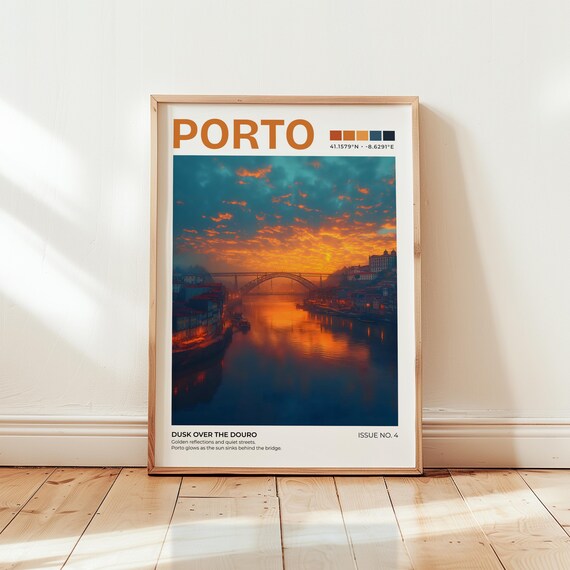 Porto Dusk Over The Douro Travel Poster Bridge Sunset River Portugal