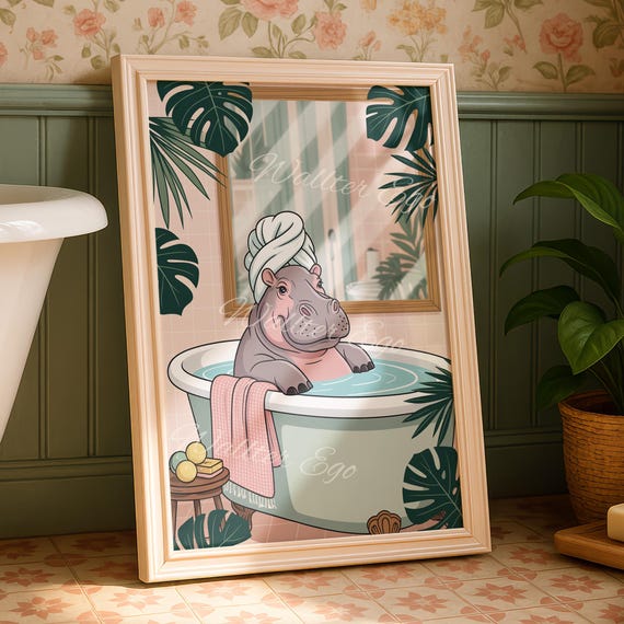 Hippo Taking A Bath Bathroom Wall Print Funny Home Decor Trendy New Gifts