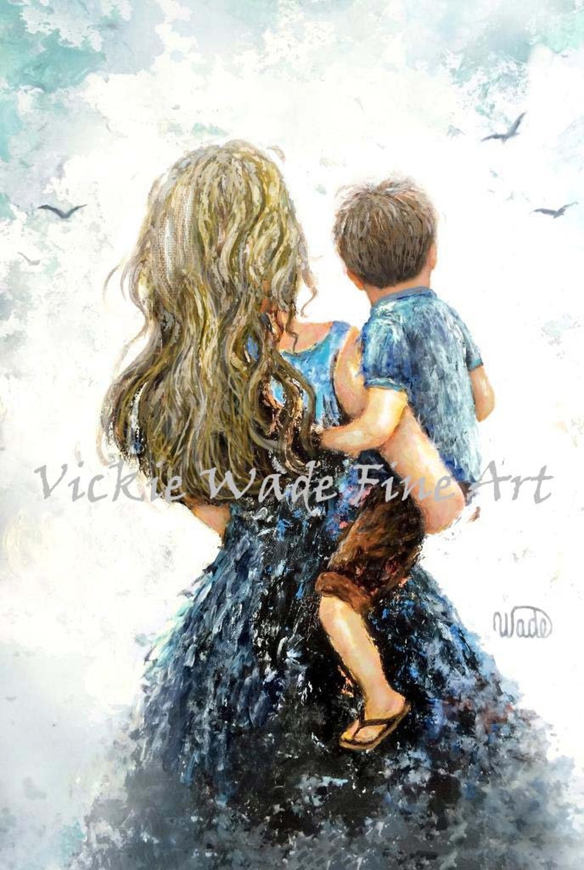 Blonde Mother Carrying Her Son Beneath Soaring Seagulls Poster