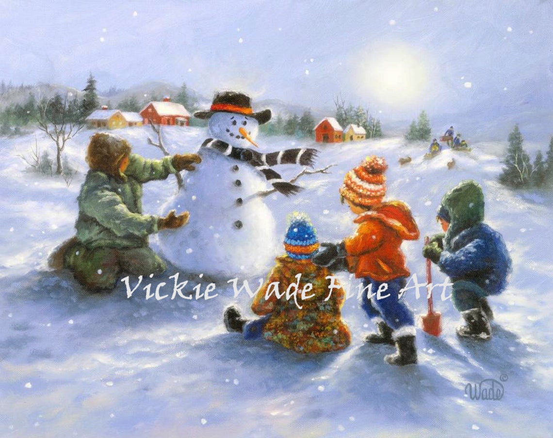 Four Children Building a Snowman in a Snowy Winter Field Poster