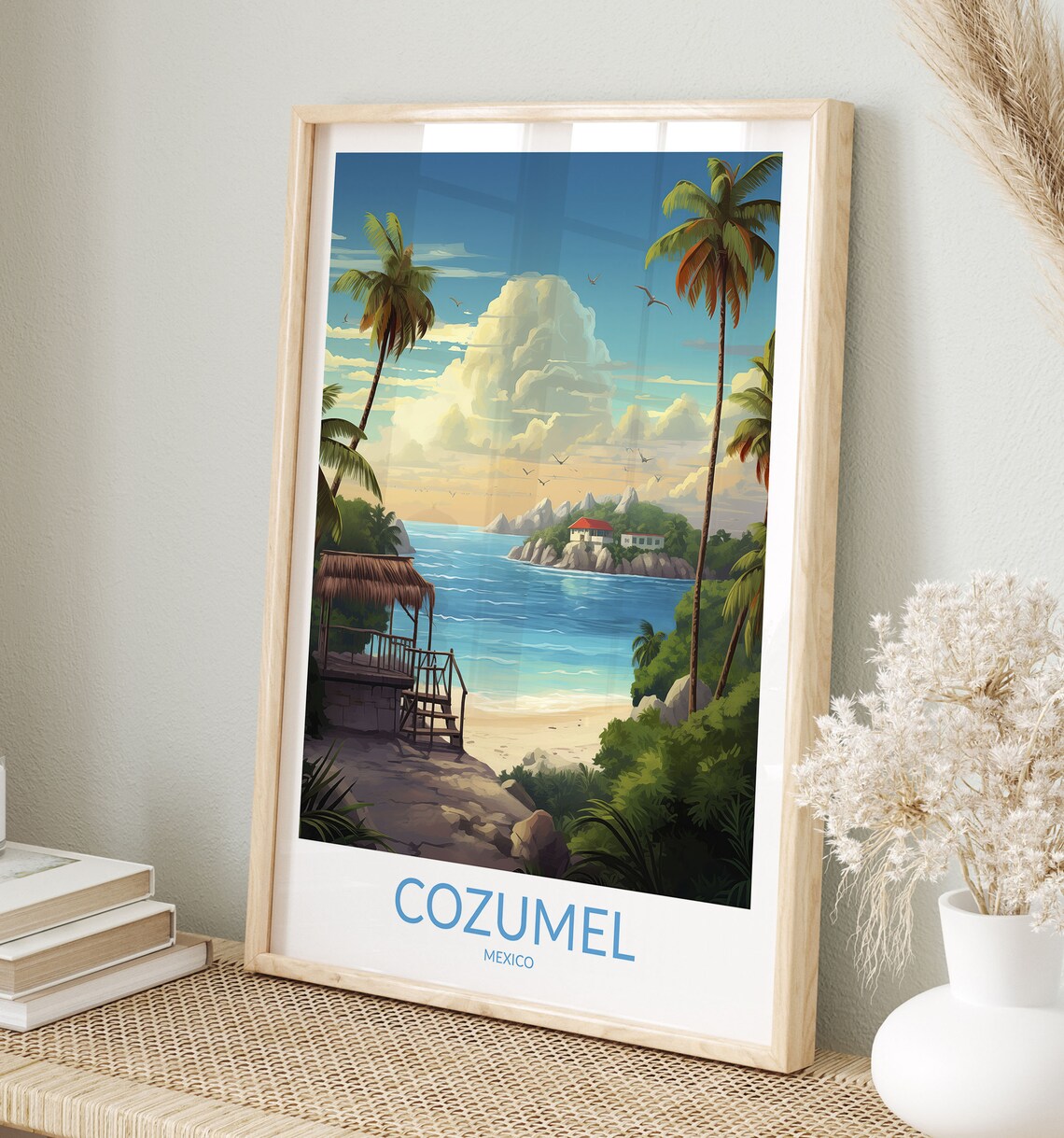 Cozumel Mexico Tropical Beach and Palapa Hut Vintage Travel Poster