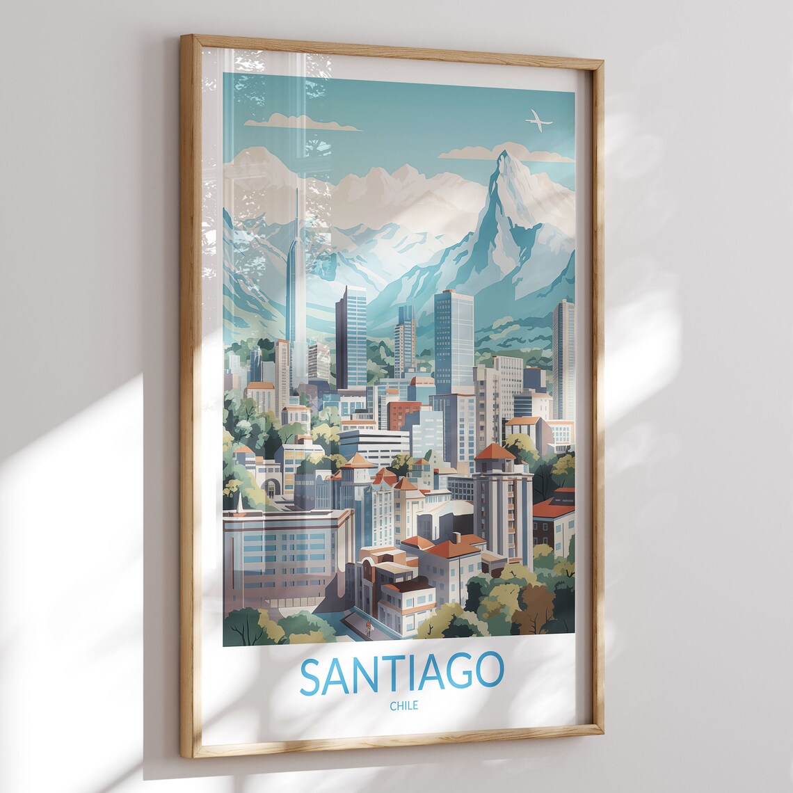 Santiago Chile Daytime Skyline Tower and Andes Retro Travel Poster
