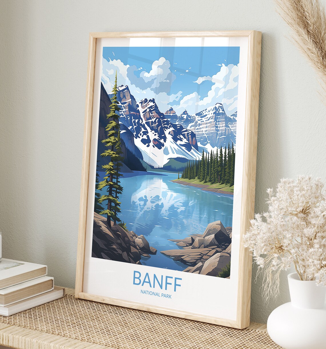 Banff National Park Lake Valley Pines and Granite Peaks Travel Poster