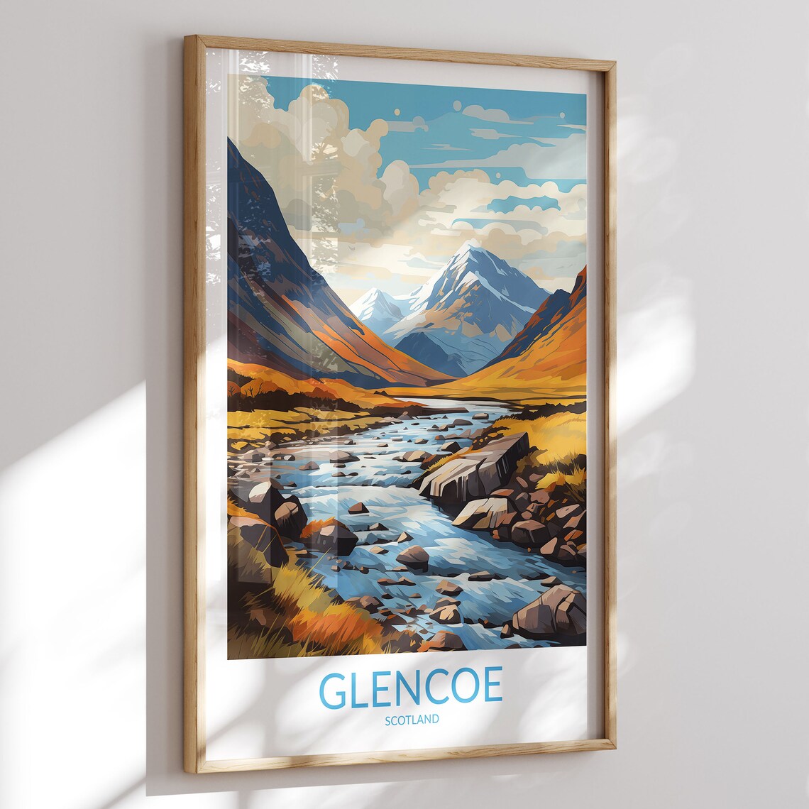 Glencoe Scotland Rocky River Snowy Peak Golden Slopes Travel Poster