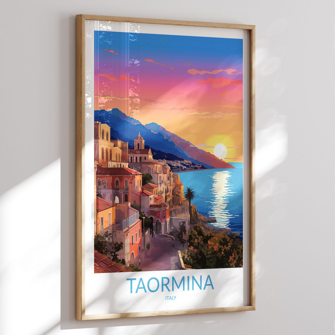 Taormina Italy Cliffside Town Sunset Cathedral Sea View Travel Poster