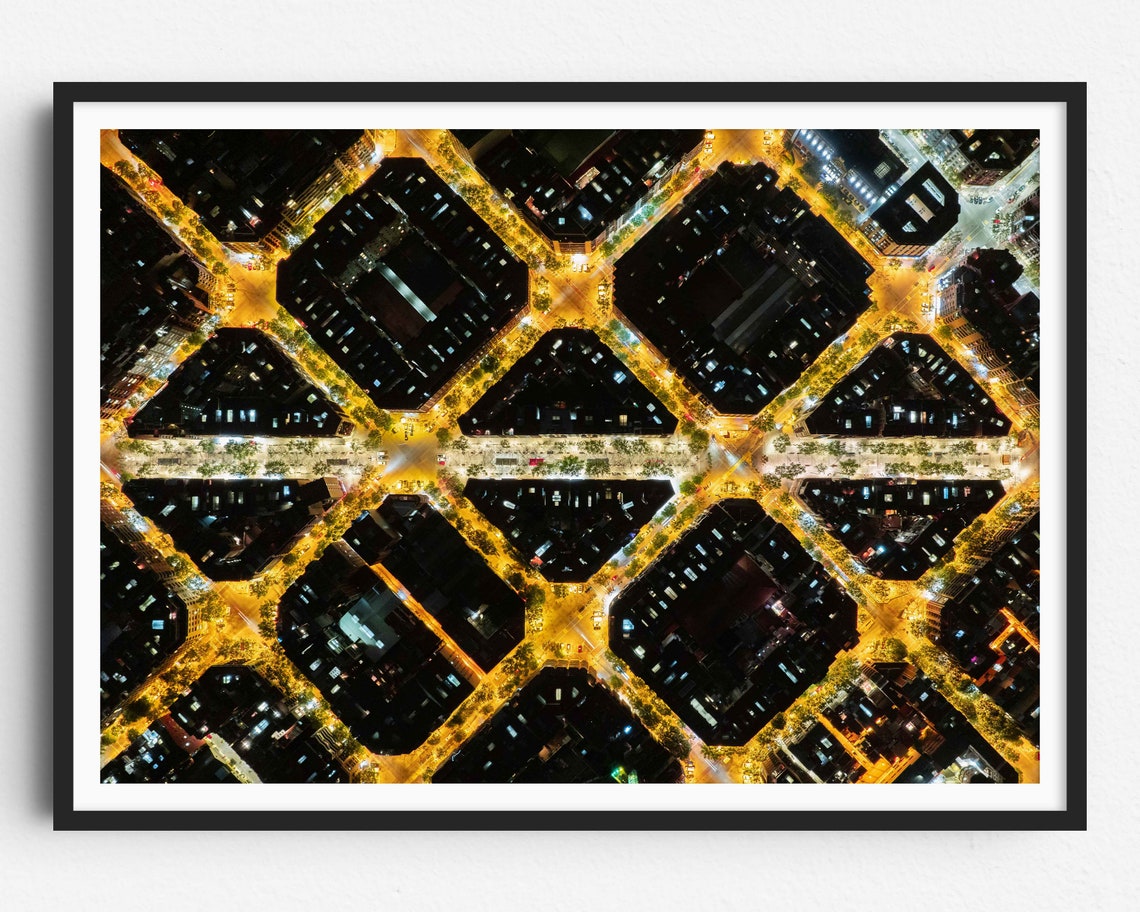 Barcelona Eixample Street Grid Glowing At Night Aerial Top Down Poster