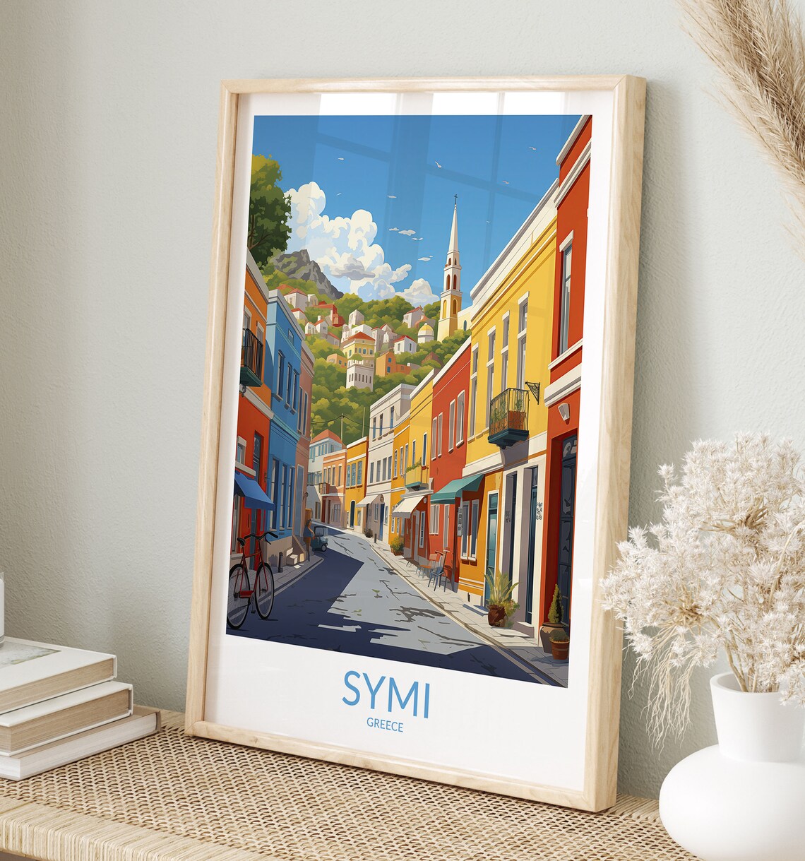 Symi Greece Colorful Old Town Street Church Spire Travel Poster