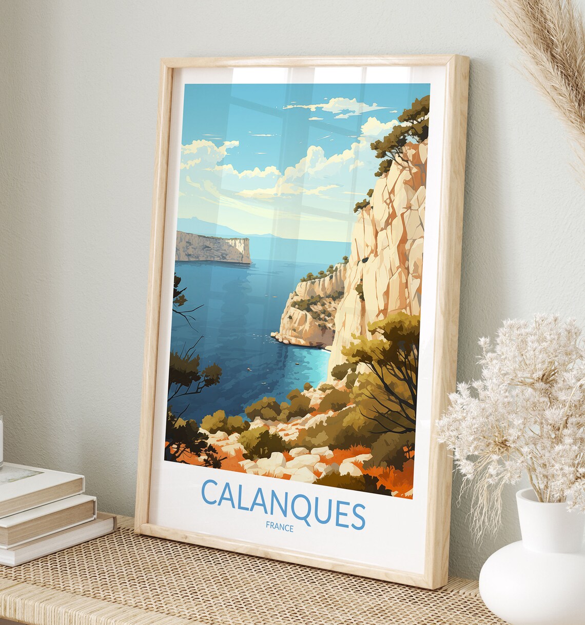 Calanques France Towering Limestone Sea Cliffs Retro Travel Poster