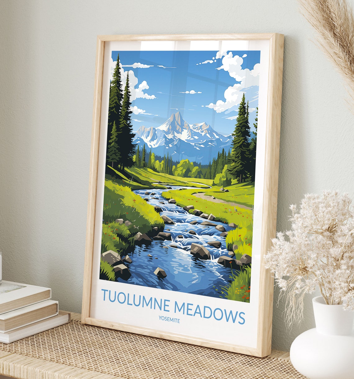 Tuolumne Meadows Yosemite Green Meadow Stream Snow Peak Poster