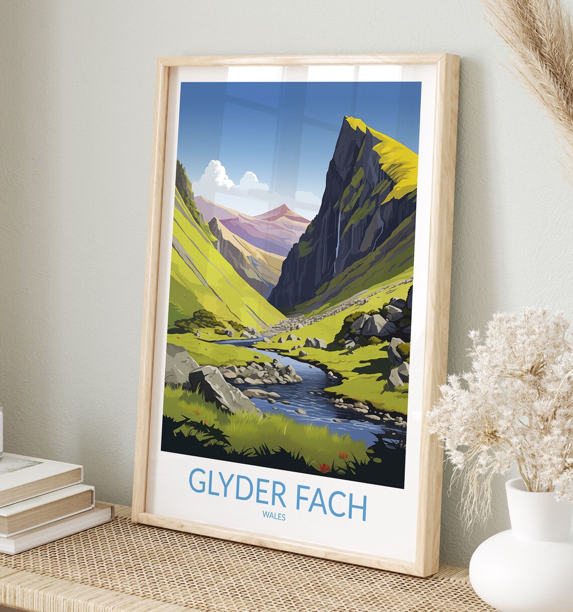 Glyder Fach Wales Lush Green Valley and Mountain Stream Travel Poster