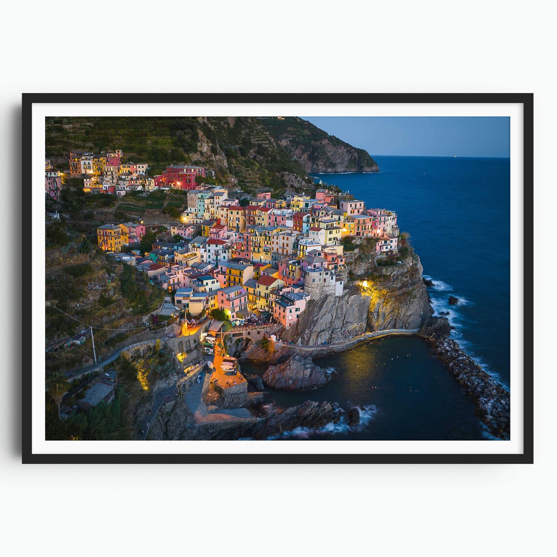 Manarola Cinque Terre Night Lights Cliffside Italy Coast Poster