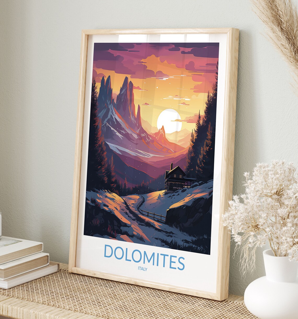 Dolomites Italy Snowy Dusk Trail Sunset Cabin Retro Travel Poster