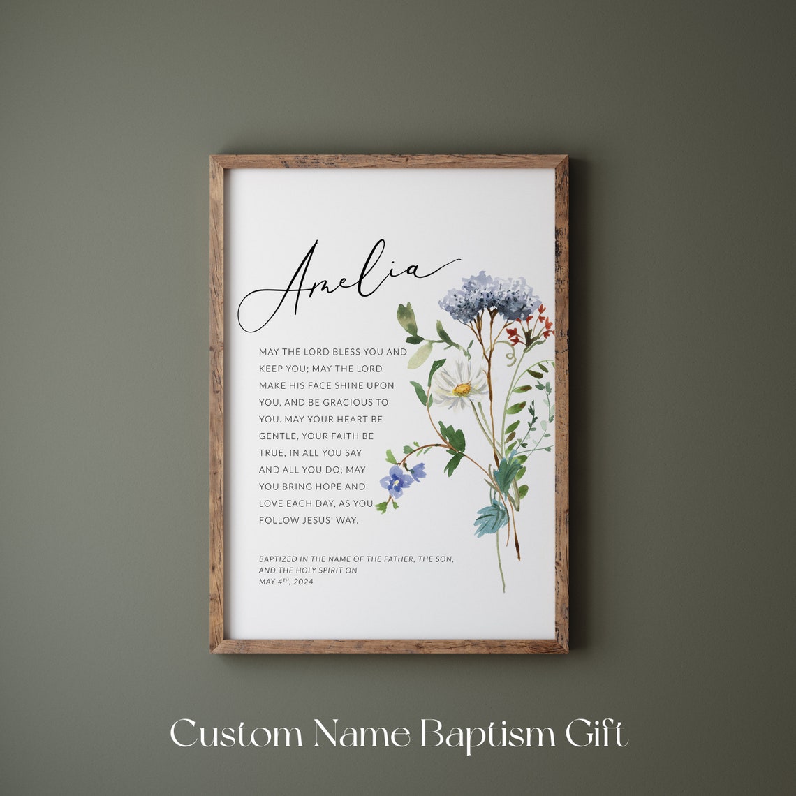 Personalized Baptism Print Custom Name Blue Wildflower Blessing Gift