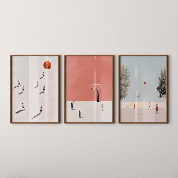 Basketball Posters Triptych Wall Art Set Minimalist Sports Decor Prints