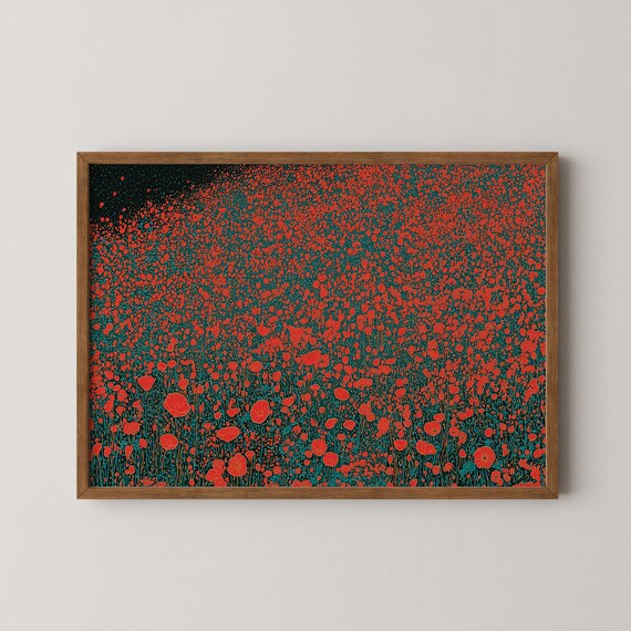 Red Poppy Field Dark Background Bold Modern Floral Art Print