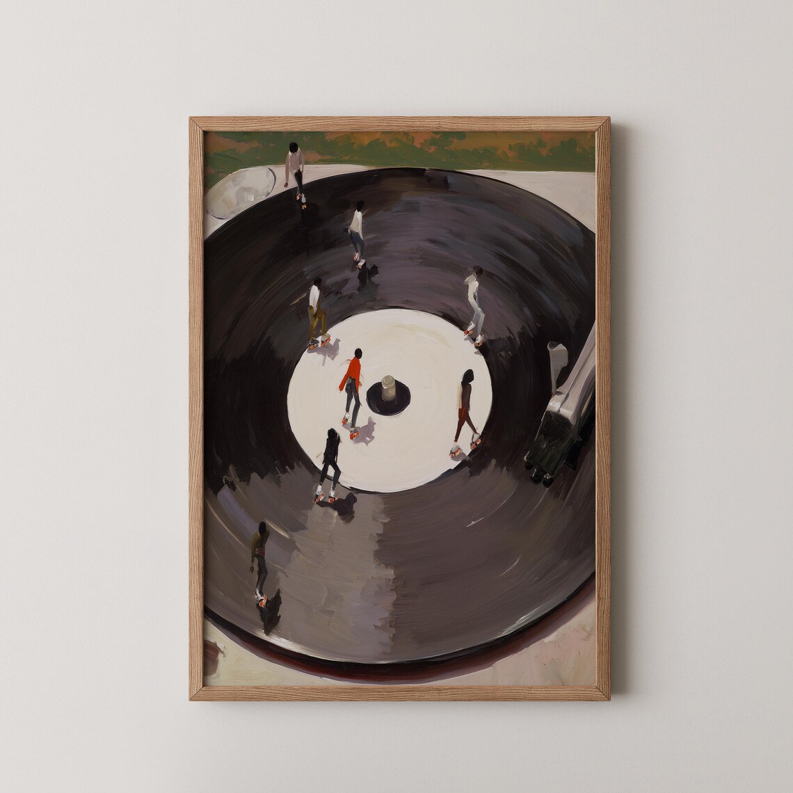 Vinyl Record Turntable Roller Skaters Surreal Retro Music Art Poster