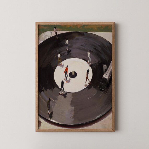 Vinyl Record Turntable Roller Skaters Surreal Retro Music Art Poster
