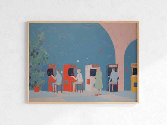 Retro Arcade Hall People Playing Vintage Cabinets Game Room Poster