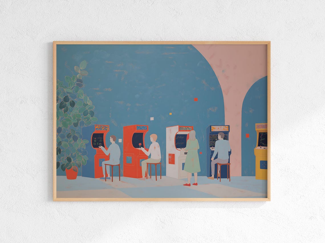 Retro Arcade Hall People Playing Vintage Cabinets Game Room Poster