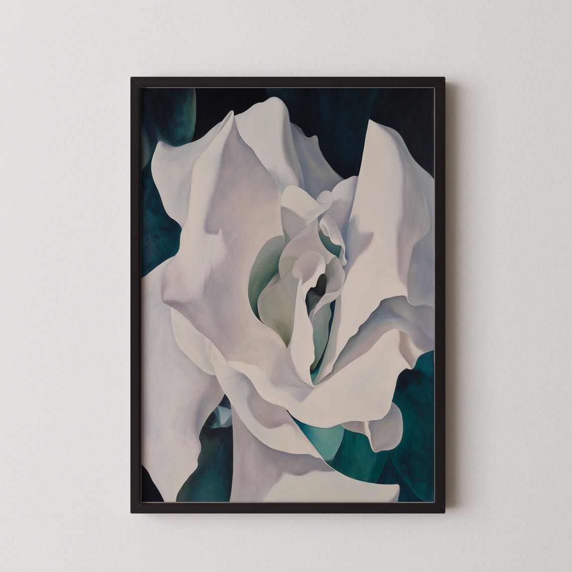 Georgia O'Keeffe Style White Rose Dark Ground Botanical Poster