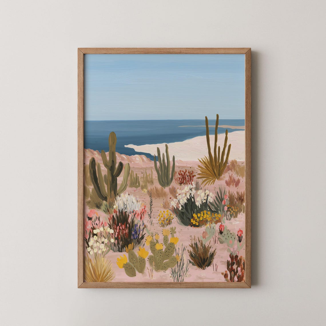 Desert Cactus Garden With Ocean View Art Print Vintage Boho Landscape