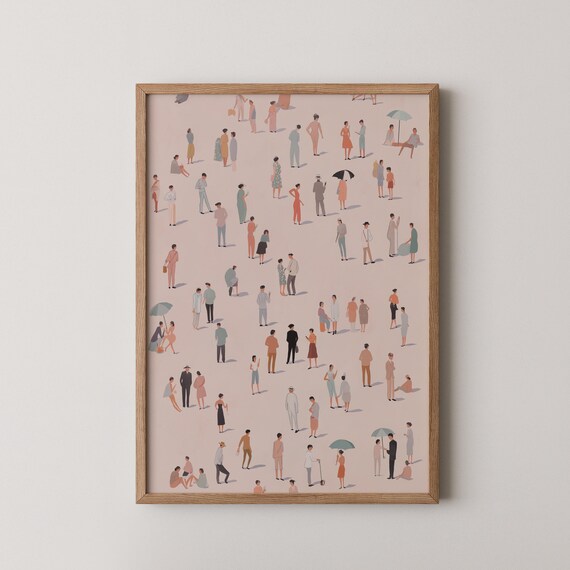 Small People Art Tiny Humans Walking Print Minimalist Miniature Wall Muted Neutral Poster