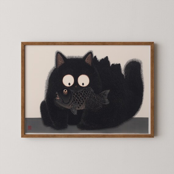 Playful Black Cat Holding Fish Japanese Whimsical Feline Wall Art