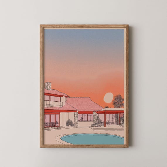 Sunrise Over Desert House Painting Mid Century Modern Decor Gift Wall Art