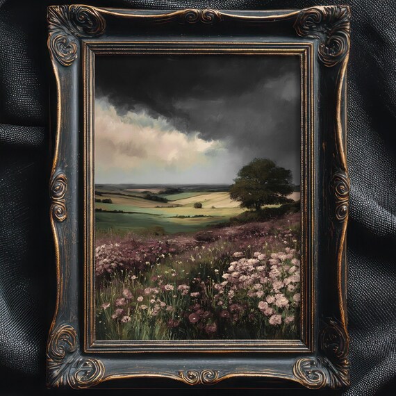 Moody Countryside Flower Field Art Print, Vintage Floral