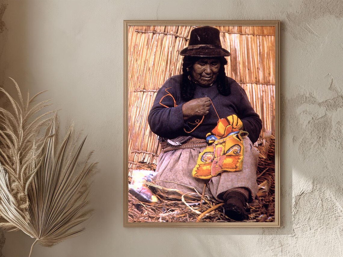 Bolivia Vintage Wall Art Indigenous Woman Sewing On Reed Island Cultural Heritage Photography Vintage Tropico Collection Gift For Her