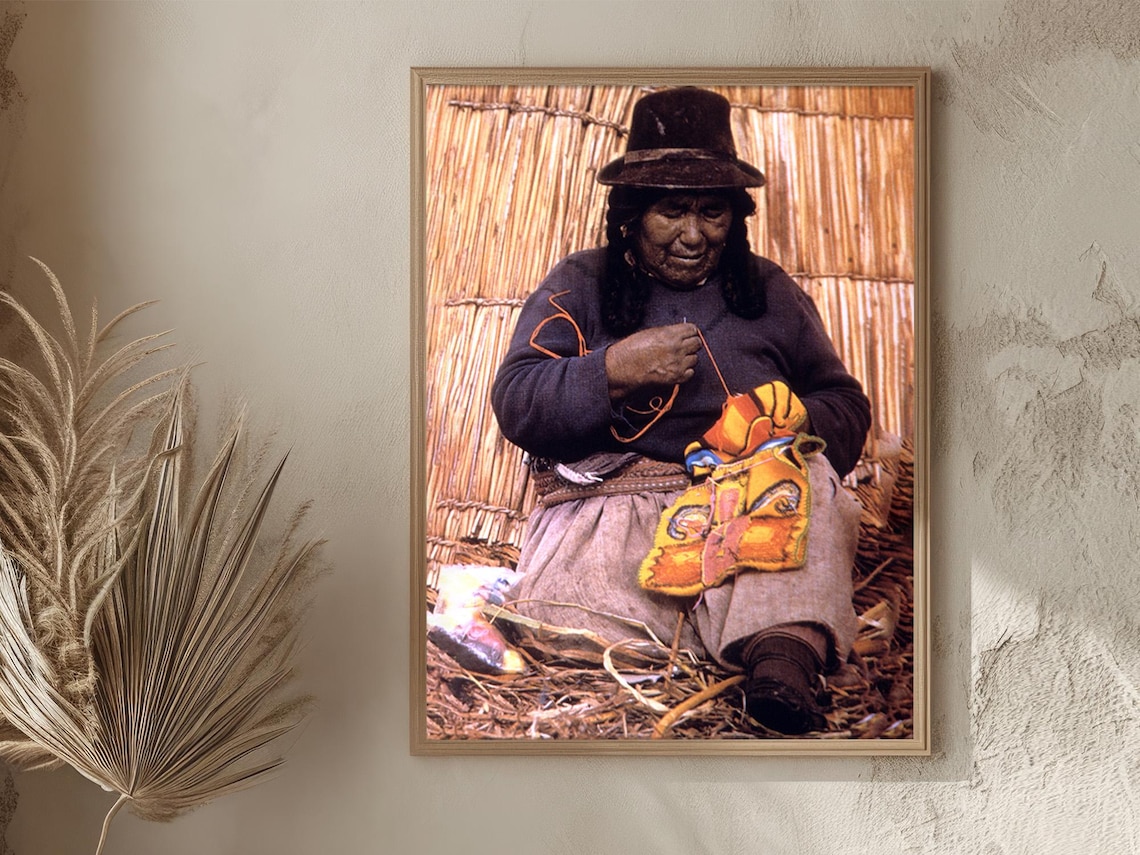 Peru Lake Titicaca Uros Woman Weaving Reed Island Vintage Poster